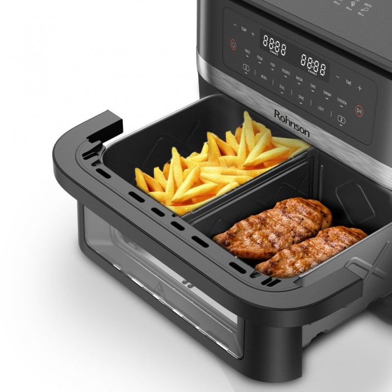 Friteuza cu aer cald 2 in 1 Rohnson R2881 11L,2x5.75l, 2950W, temporizator1-60 min, 8 programe,panou tactil digital LED,3D la 360°, iluminare interioara, protectie supraincalzire ,maner izolat termic